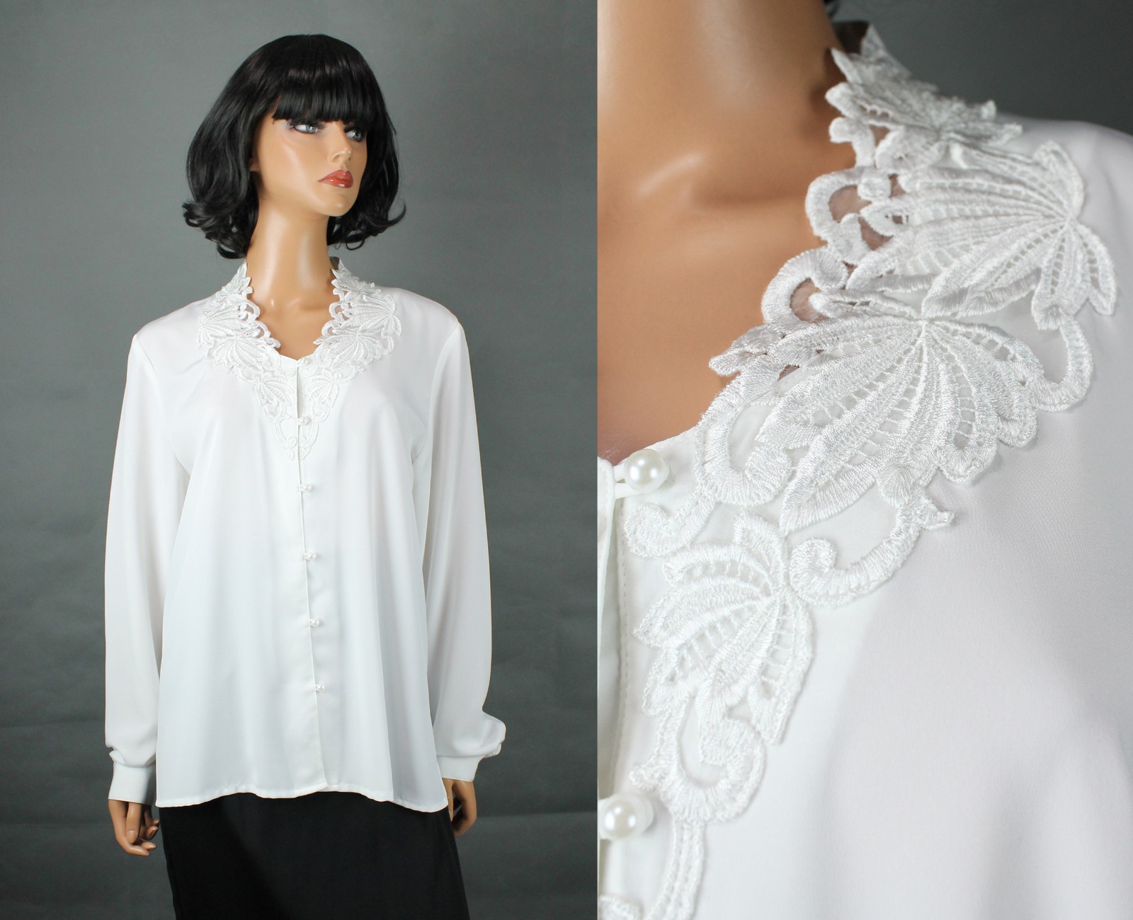 V Neck Blouse Sz 16 XL Vintage 90s White Peal Button Lace Accent Dress Shirt