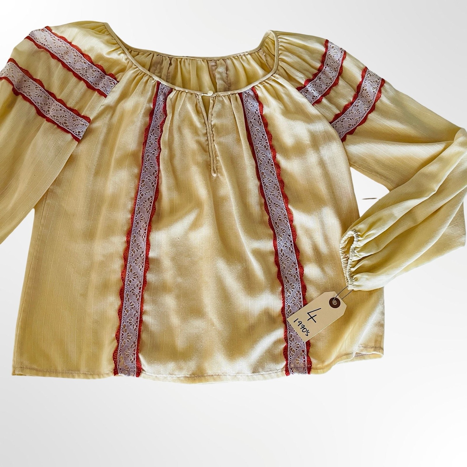 Vintage 1970s Yellow Peasant Blouse with Red and Purple Lace Trim