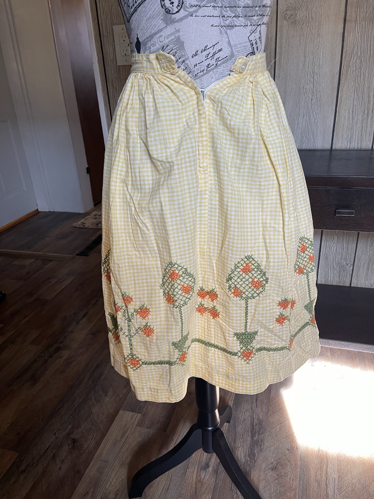 70s or 80s Handmade Gingham Top & Skirt Embroidered Mushrooms 2 pc set Outfit