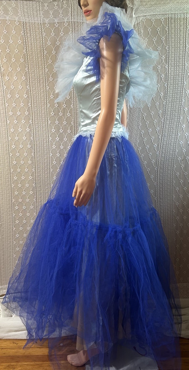Vintage Tulle Ball Gown 34″w Theatrical Drama Ruffle Dress, Blue 80s 50s Prom