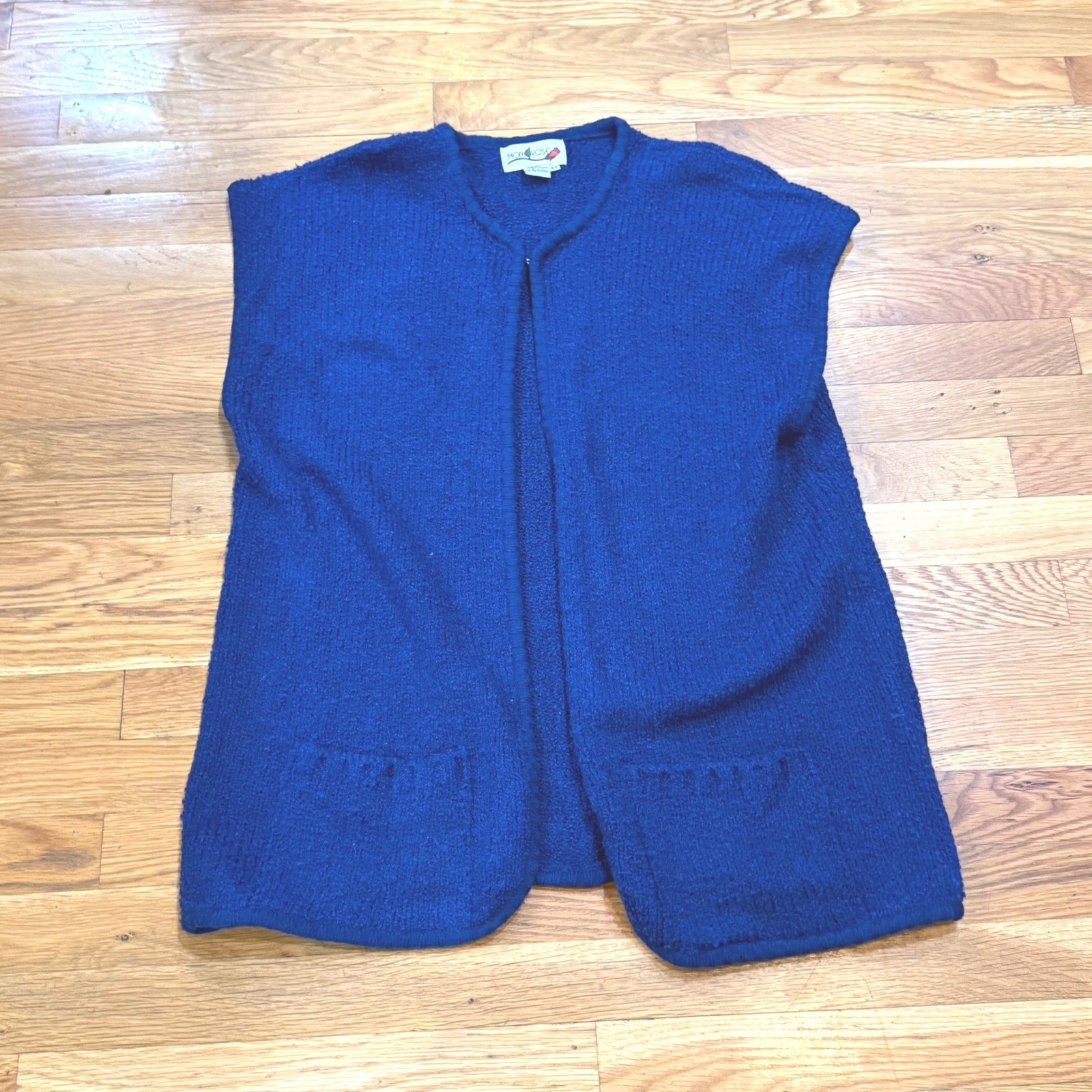 Vintage Mon Rose Royal Blue Knit Sweater Vest Open Front Pocket Size 44 90s