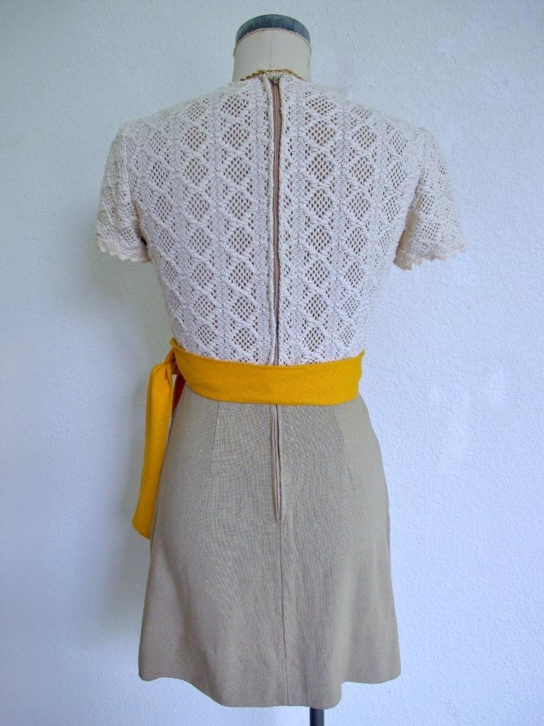 Vtg 60s Lanz Mod Mini Dress XXS Ivory Crochet Top Tan Skirt Orange Sash Autumn