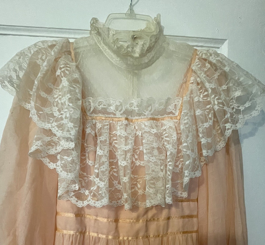 70s Candi Jones California Prairie Dress Maxi Small Peach Lace High Neck Long