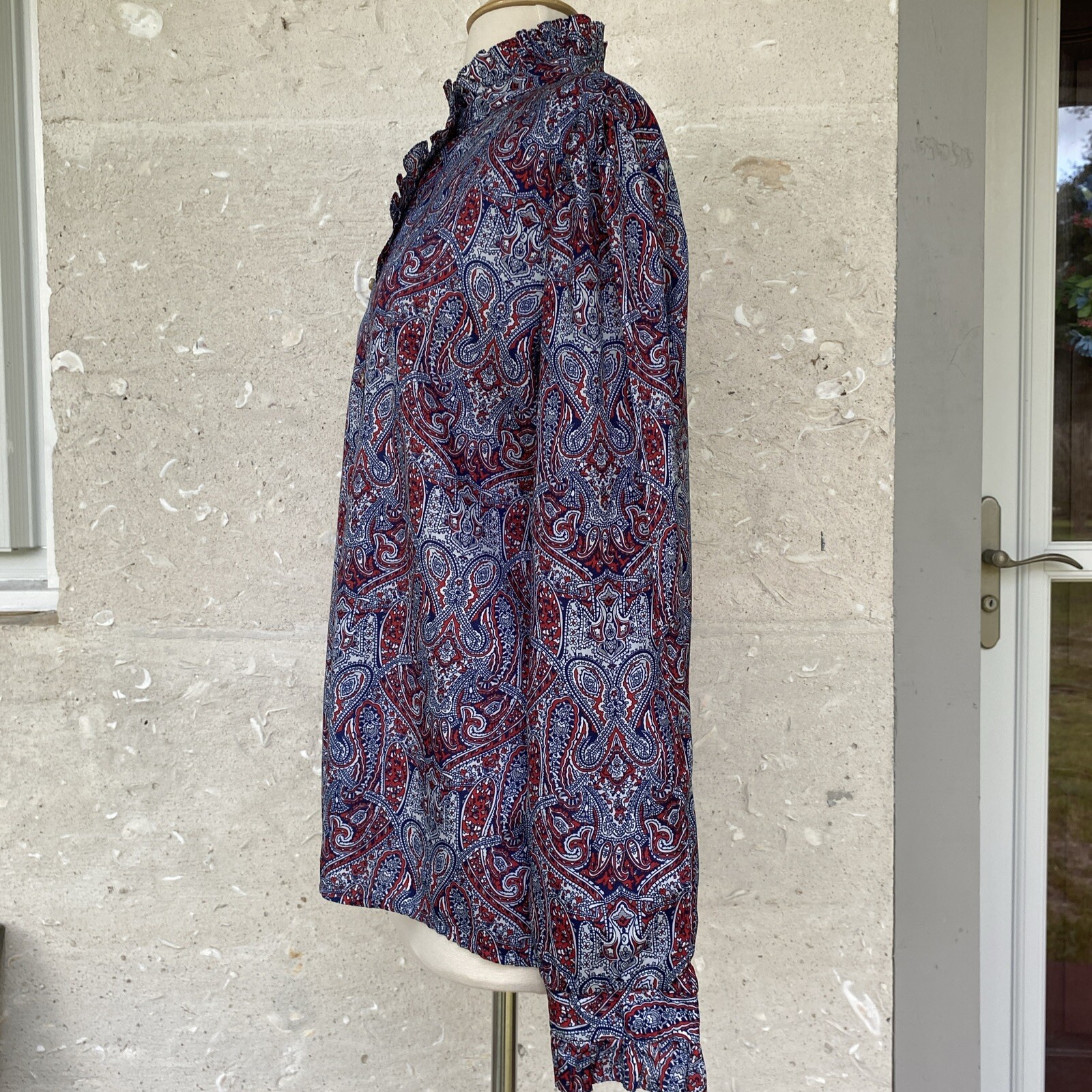 Vintage Secretary Blouse Shirt Large Red White Blue Paisley Ruffle Neck 70s 80s