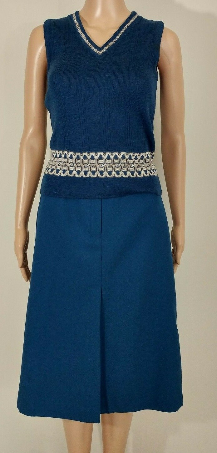 Vintage 1970s Panther Turquoise Vest & Skirt Set A-Line Knit Small 5/6