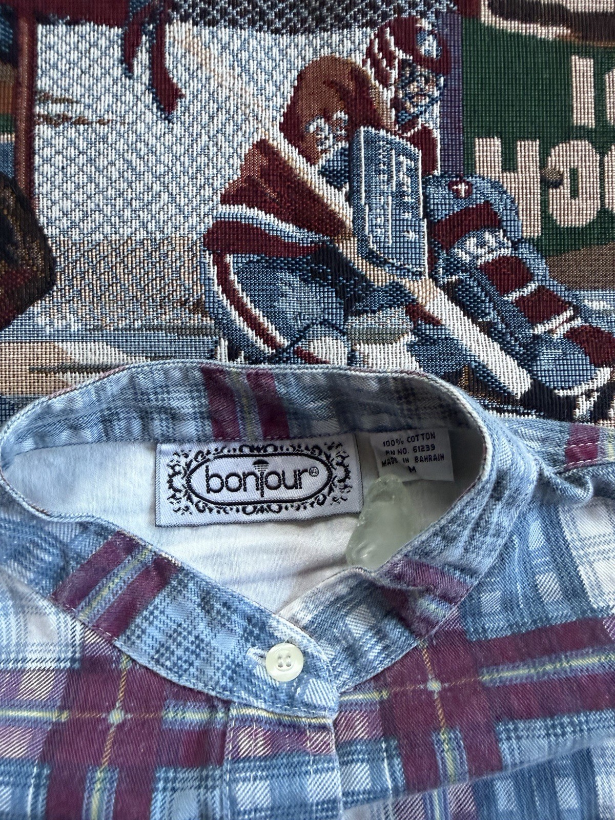 Vintage 90s Women’s Bonjour Blue Plaid No Collar Shirt Size Medium Button Up