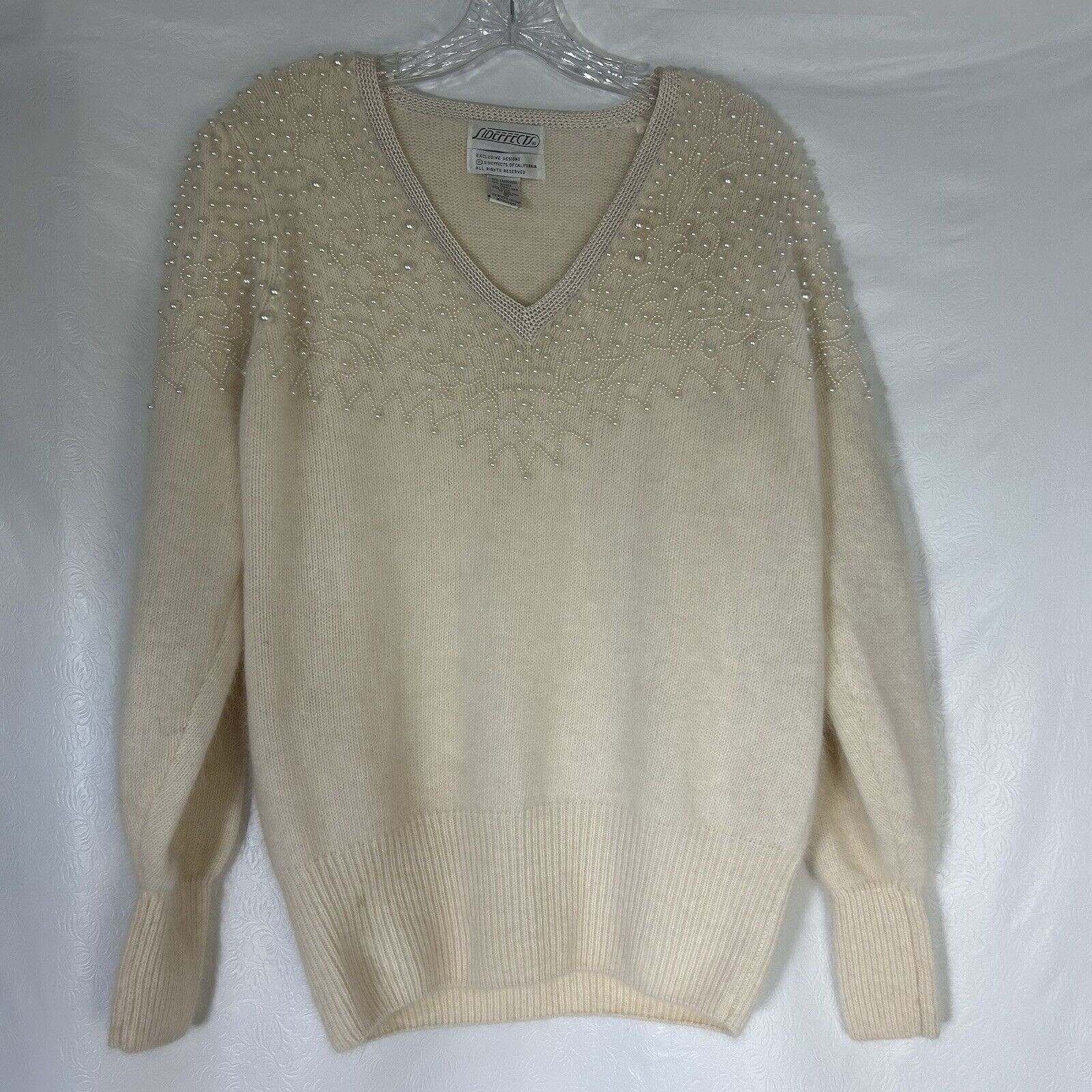 Vintage 80s Side Effects Beaded Ivory Wool Angora Rabbit Hair Sweater Sz M