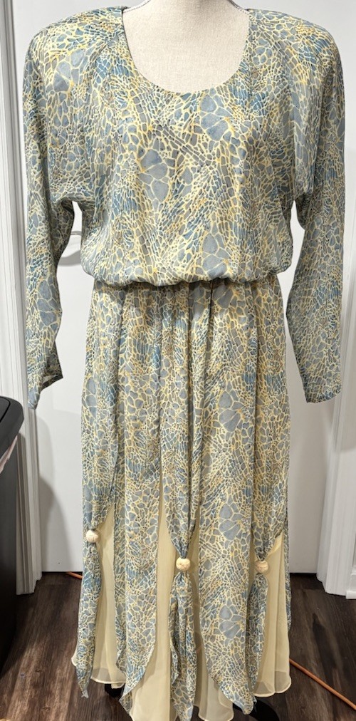 Vtg Spencer Alexis Sheer Overlay Blue Animal Print Dress Sz 10 Long Sleeve Boho