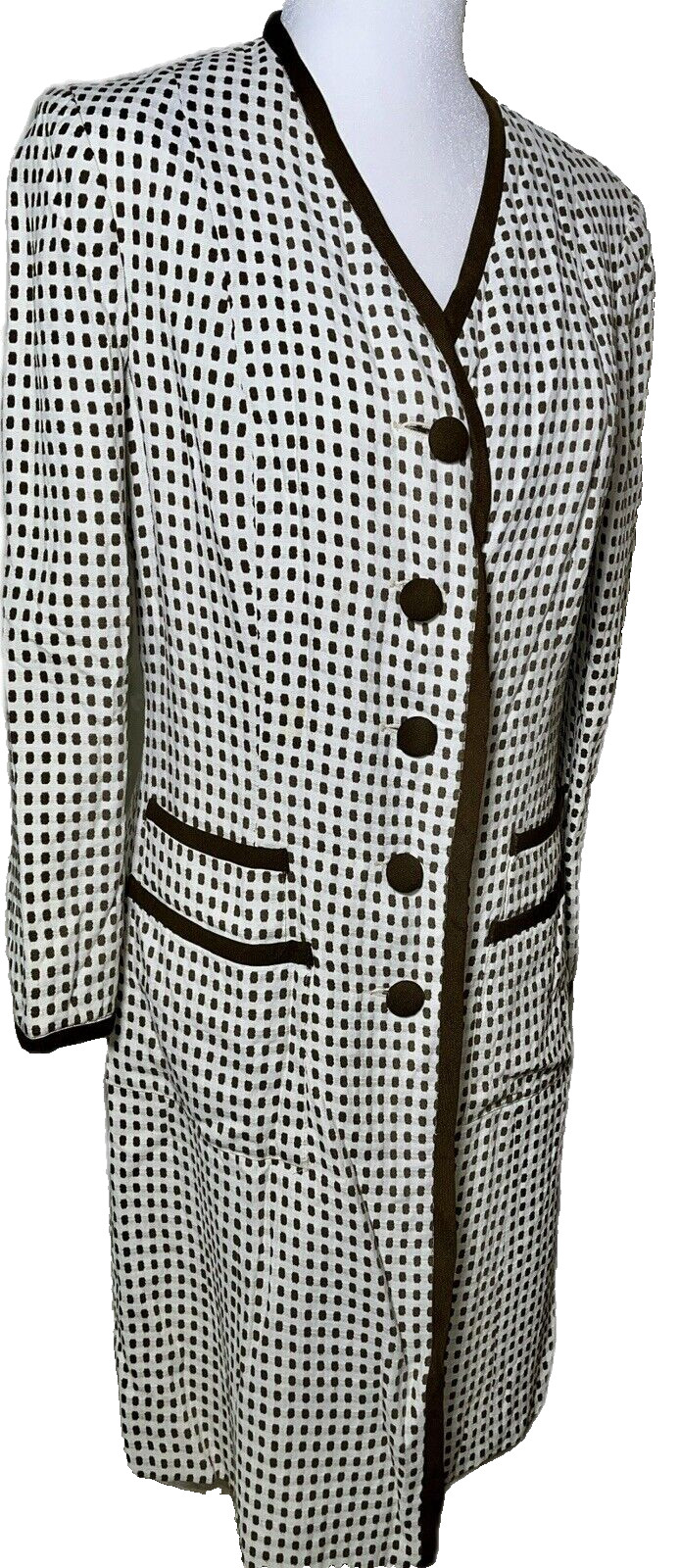Vtg Coat Jacket White 60s Designer Montaldos Lightweight Brown Polka Dot S M