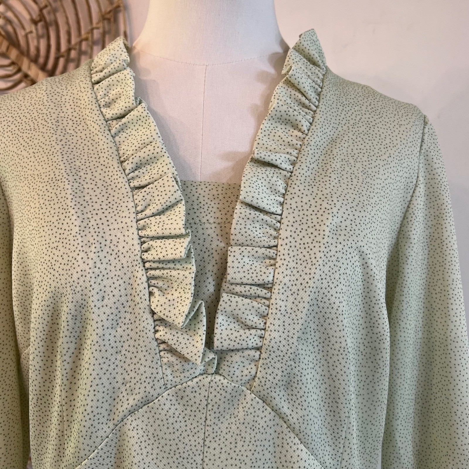 Vintage 70s Handmade Microdot Sage Green Ruffle Empire Midi Dress Cottagecore L