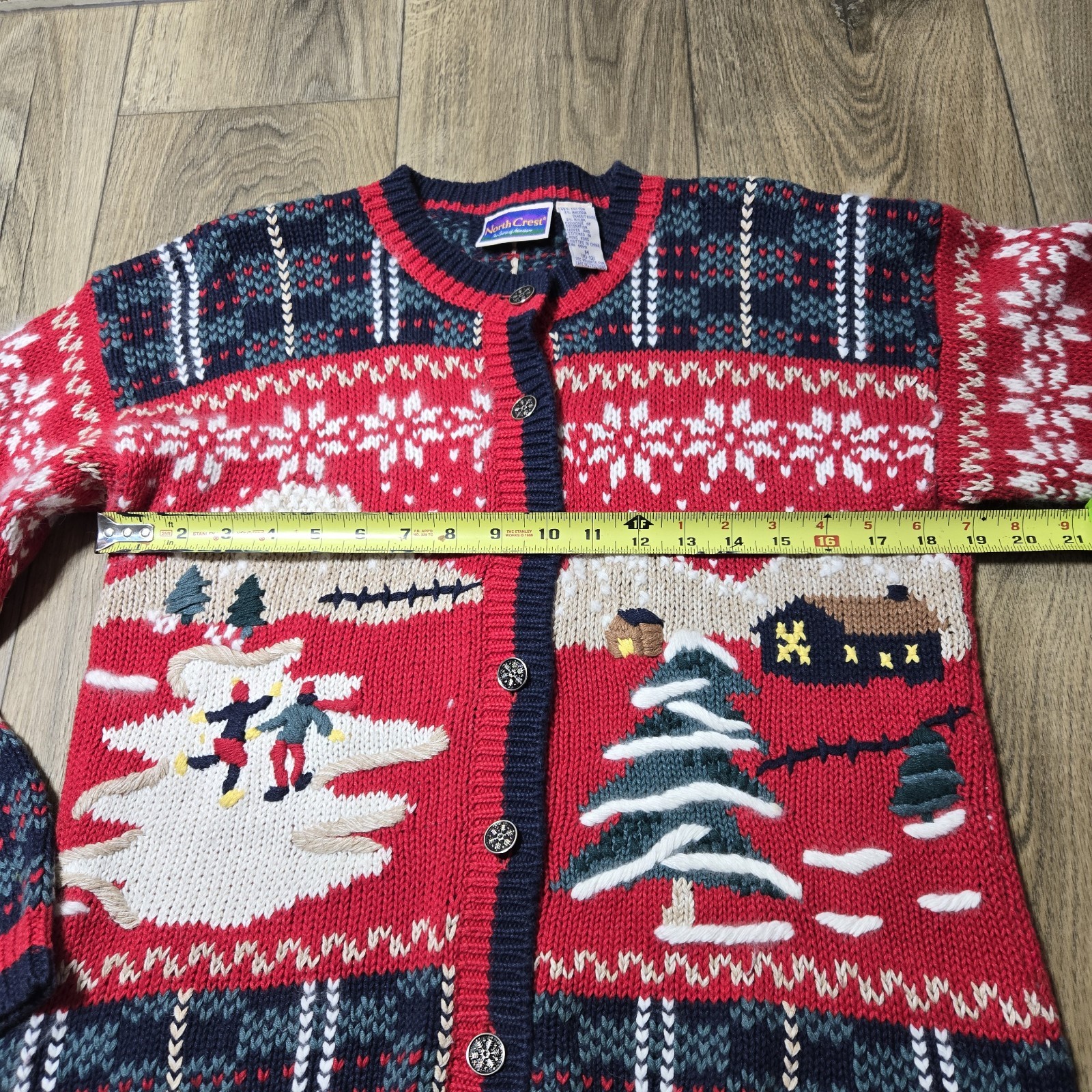 VTG NorthCrest Womens Cardigan Size M Red Multicolor Winter Holiday Angora Knit