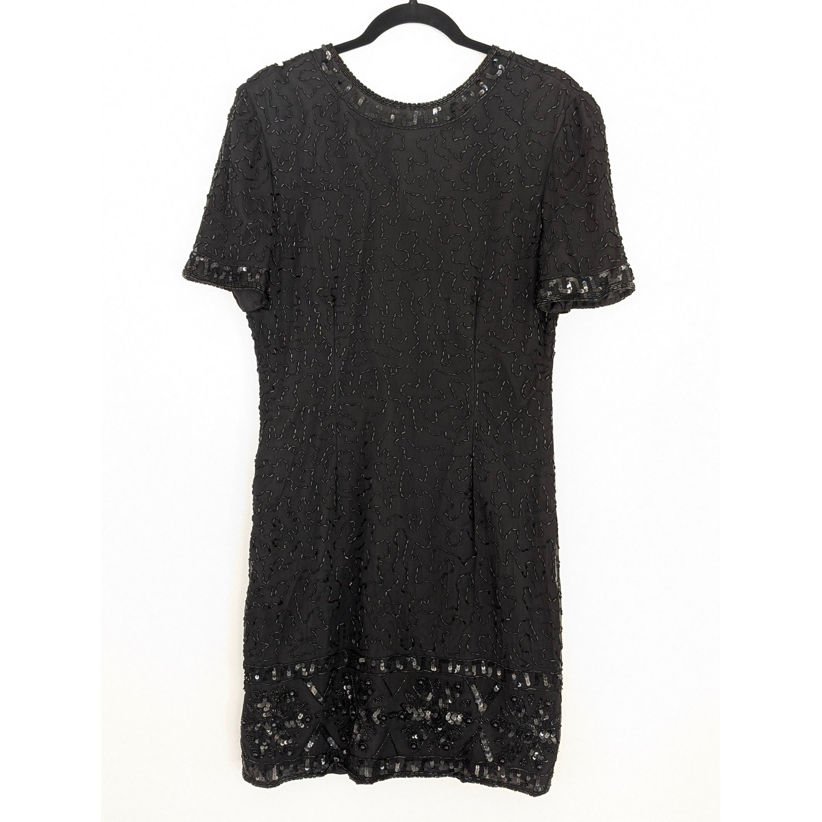 Stenay Vintage Black Silk Beaded Sequin Cocktail Dress Women Size 10 Shift Mini