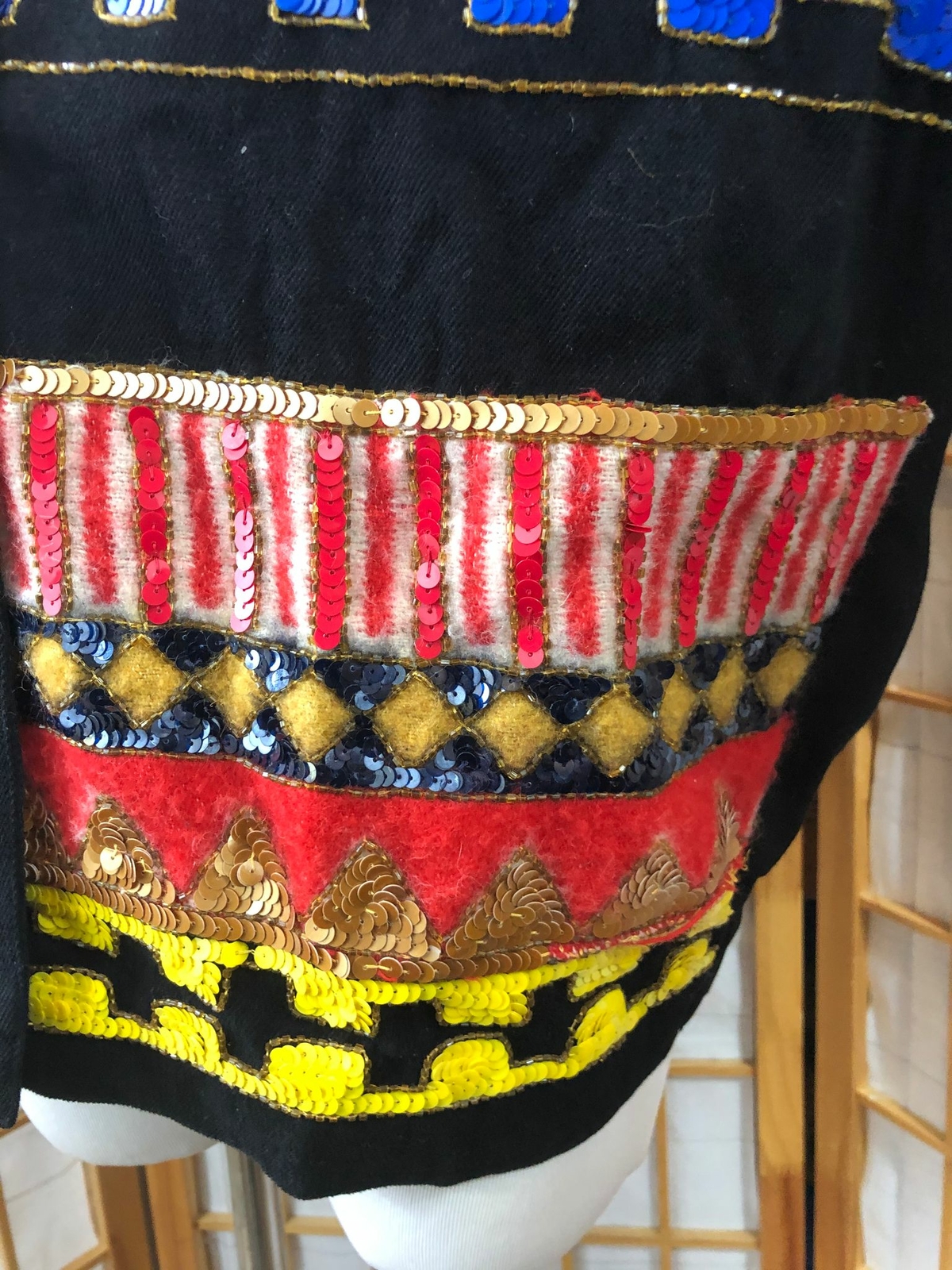 Vintage Modi Denim Black with Red Cotton Snap Button Front Sequined Jacket 8-10