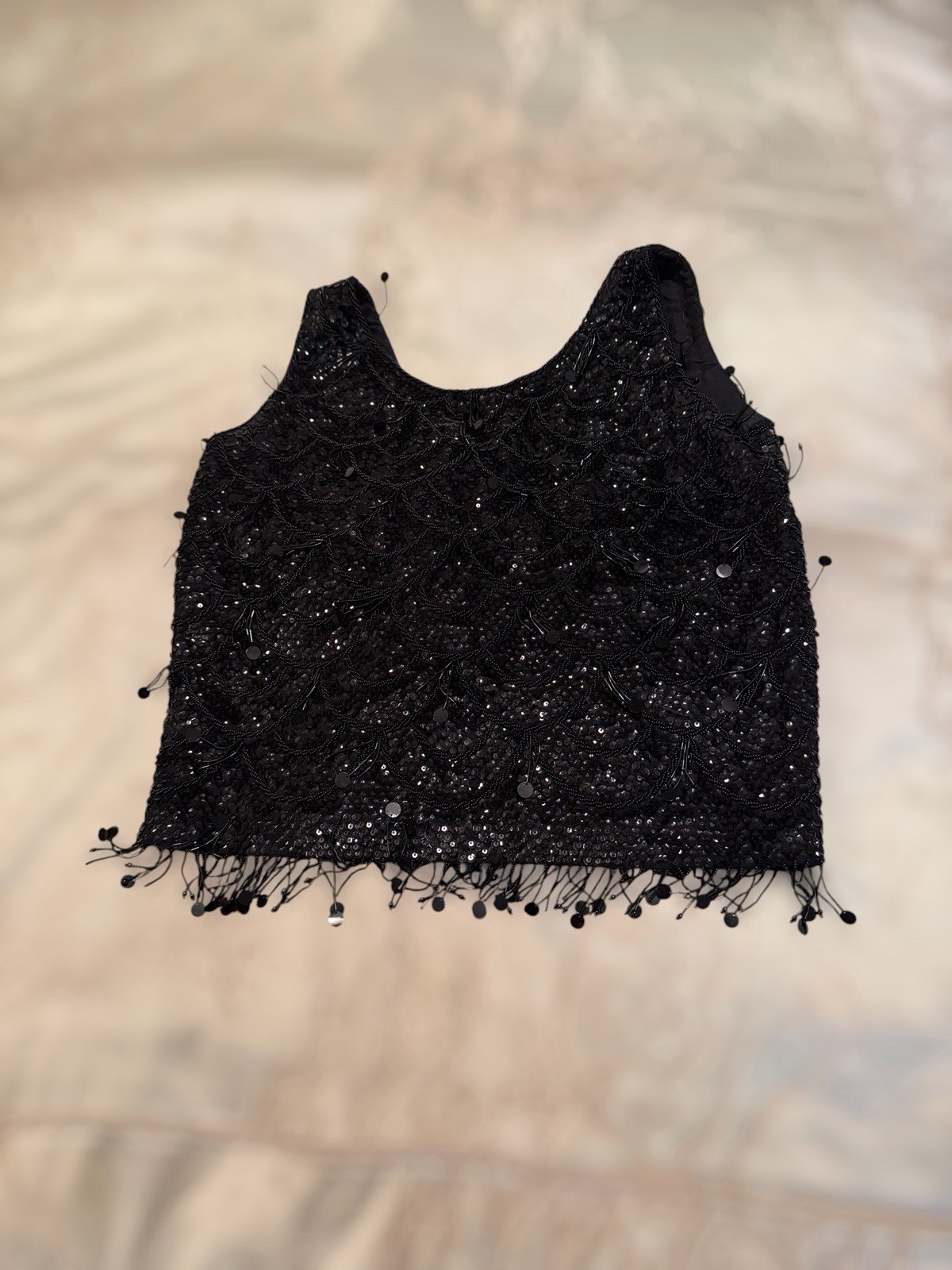 Vintage 1950s Black Sequin Beaded Bangle Cocktail Evening Blouse Sleeveless