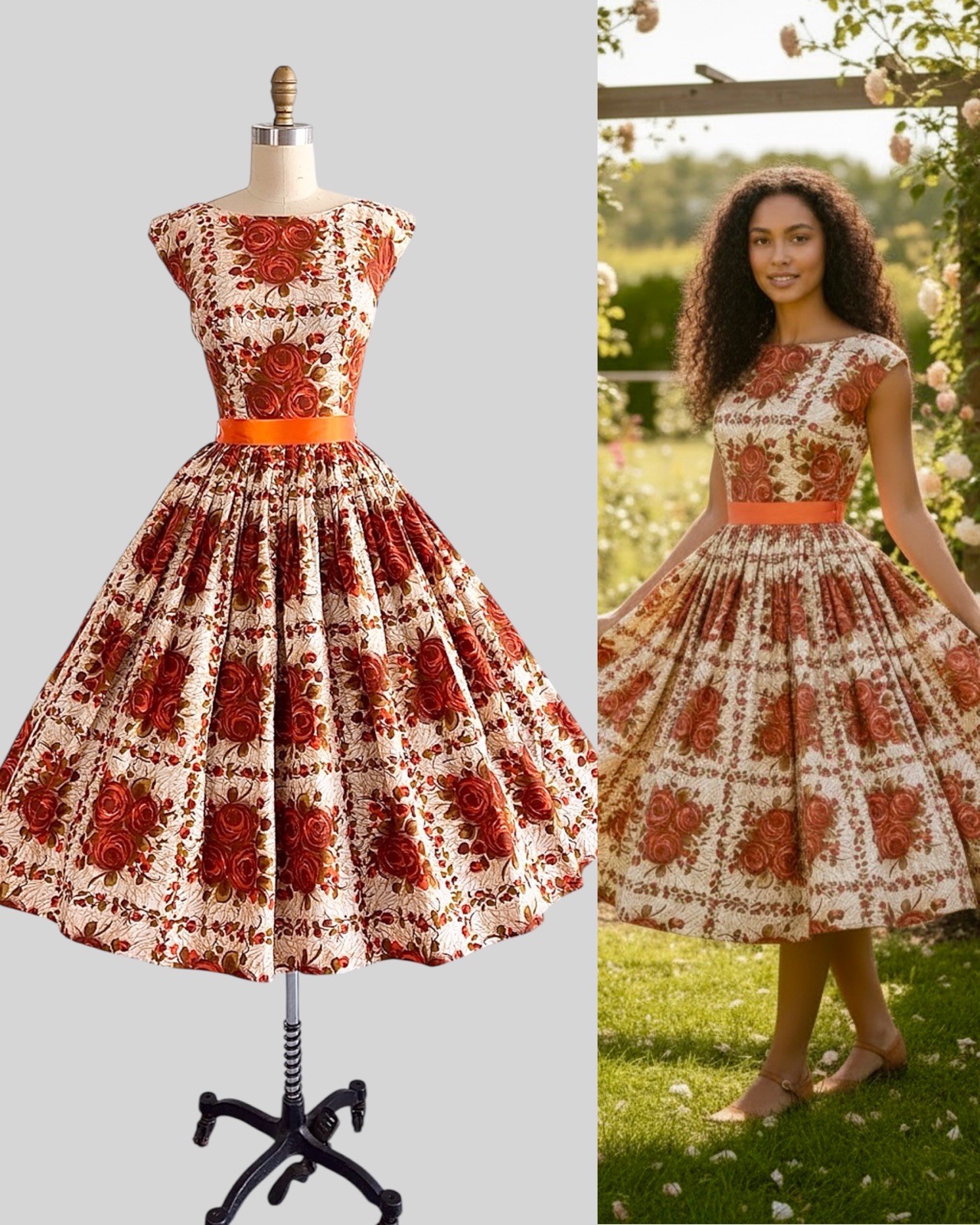 1950s 1960s Rose Print Cotton Sundress Floral Novelty Roses Bouquet Pinup Dress