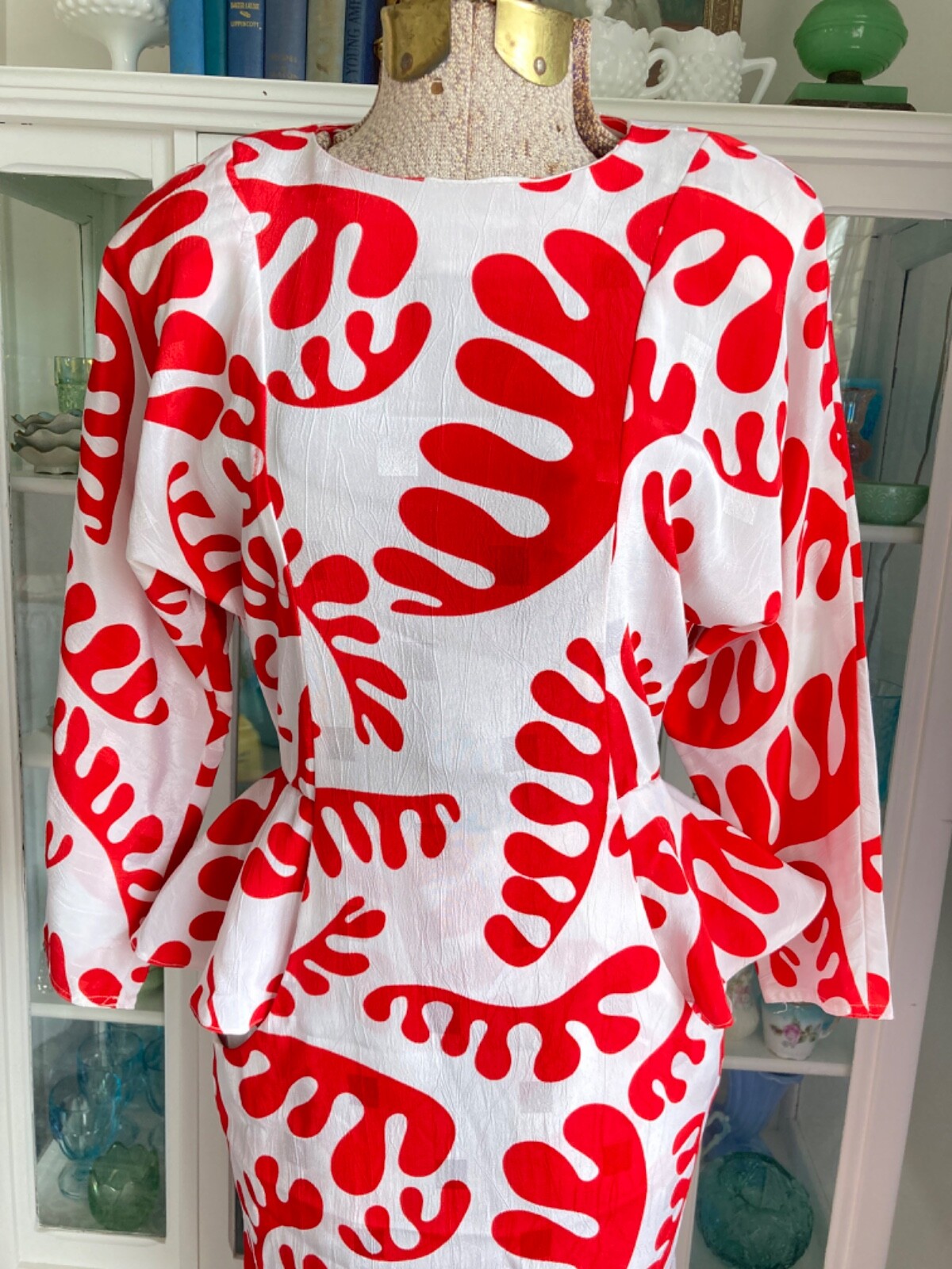 Vtg 80s Billy Jack For Her White & Red Amoeba Midi Dress Wiggle Peplum S 32 Retr