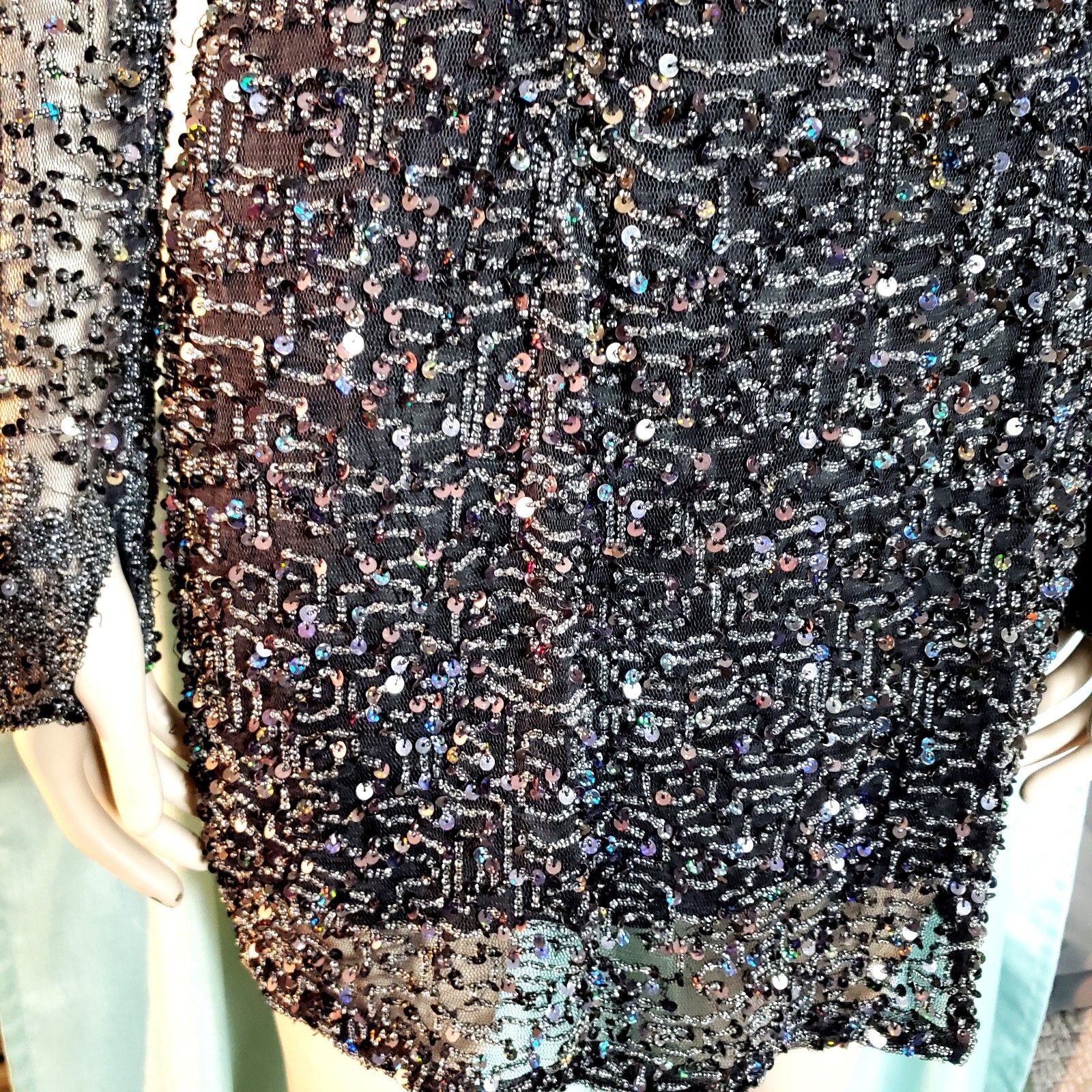 Vintage Riazee Beaded Sequin Mini Dress Black Body Con Long Sleeve Womens 2/4