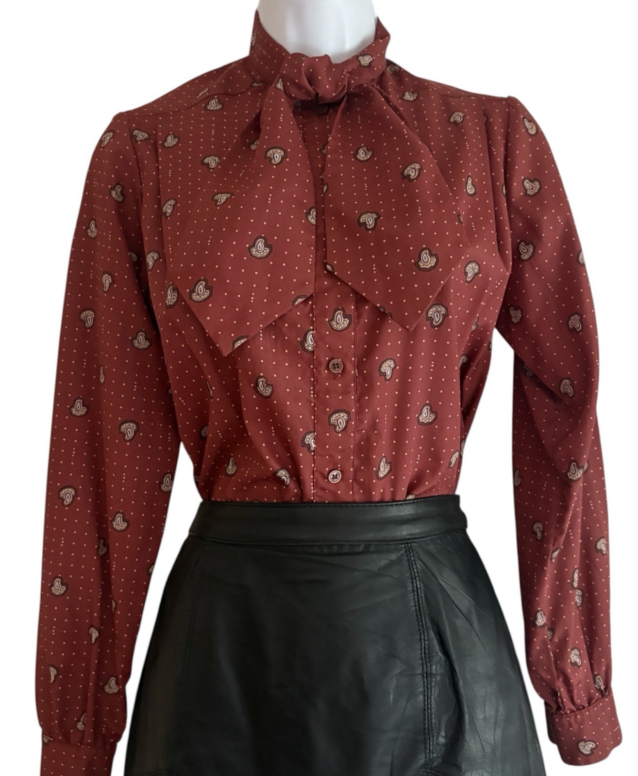 Vintage Evan Picone Secretary Blouse 80s Rust Paisley Bow Tie Blouse M