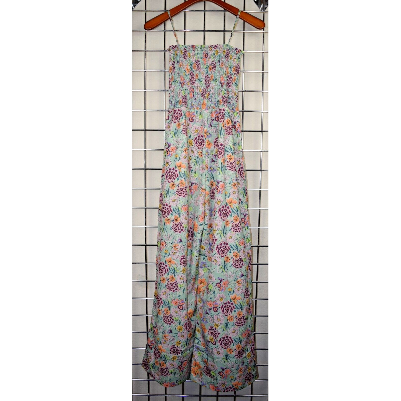 Vintage Jumpsuit Pale Green Size S/M 90s Ruched Bodice Pink Spring Flowers Sheen
