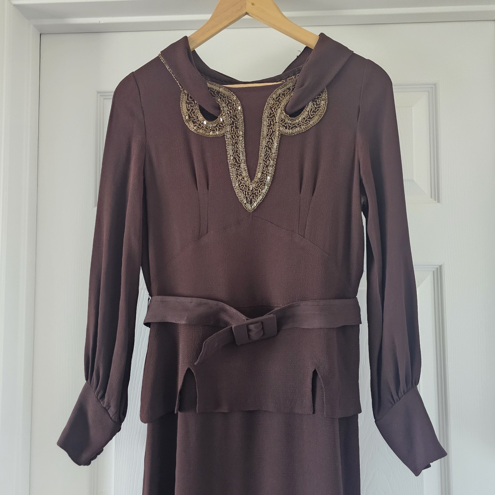 1930s Vintage Blue Eagle Brown Rayon Crepe Peplum Gold Beaded Dress Belt Set #90