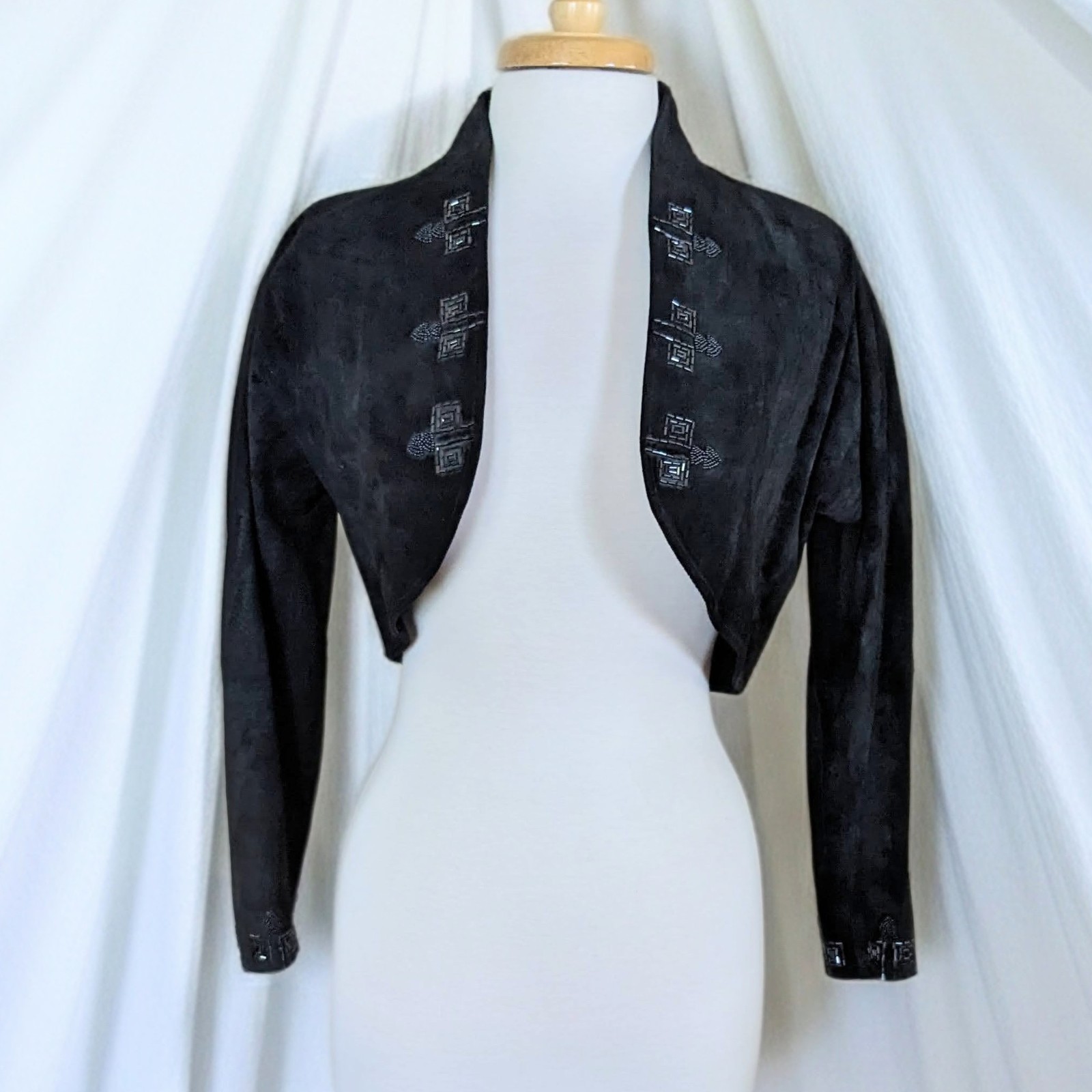 Vintage 80s Pia Rucci Black Suede Beaded Bolero Jacket Cropped Leather Size 4