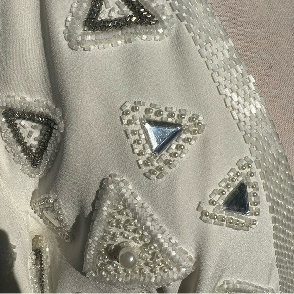 VTG Beaded Evening Jacket Heavily Embellished Winter White Pearl Triangle Sz 10