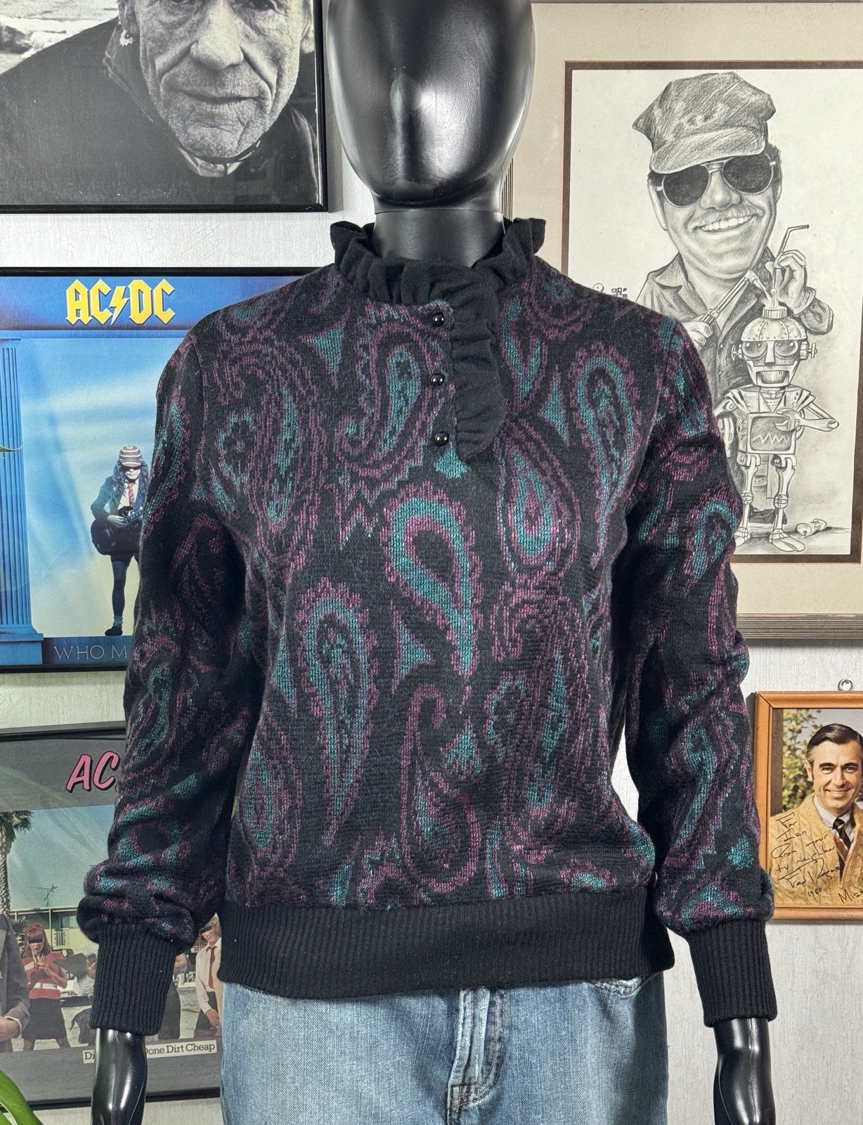 Vintage 80s 90s Paisley Sweater Easy Wear by Bradley Black Teal Purple Retro