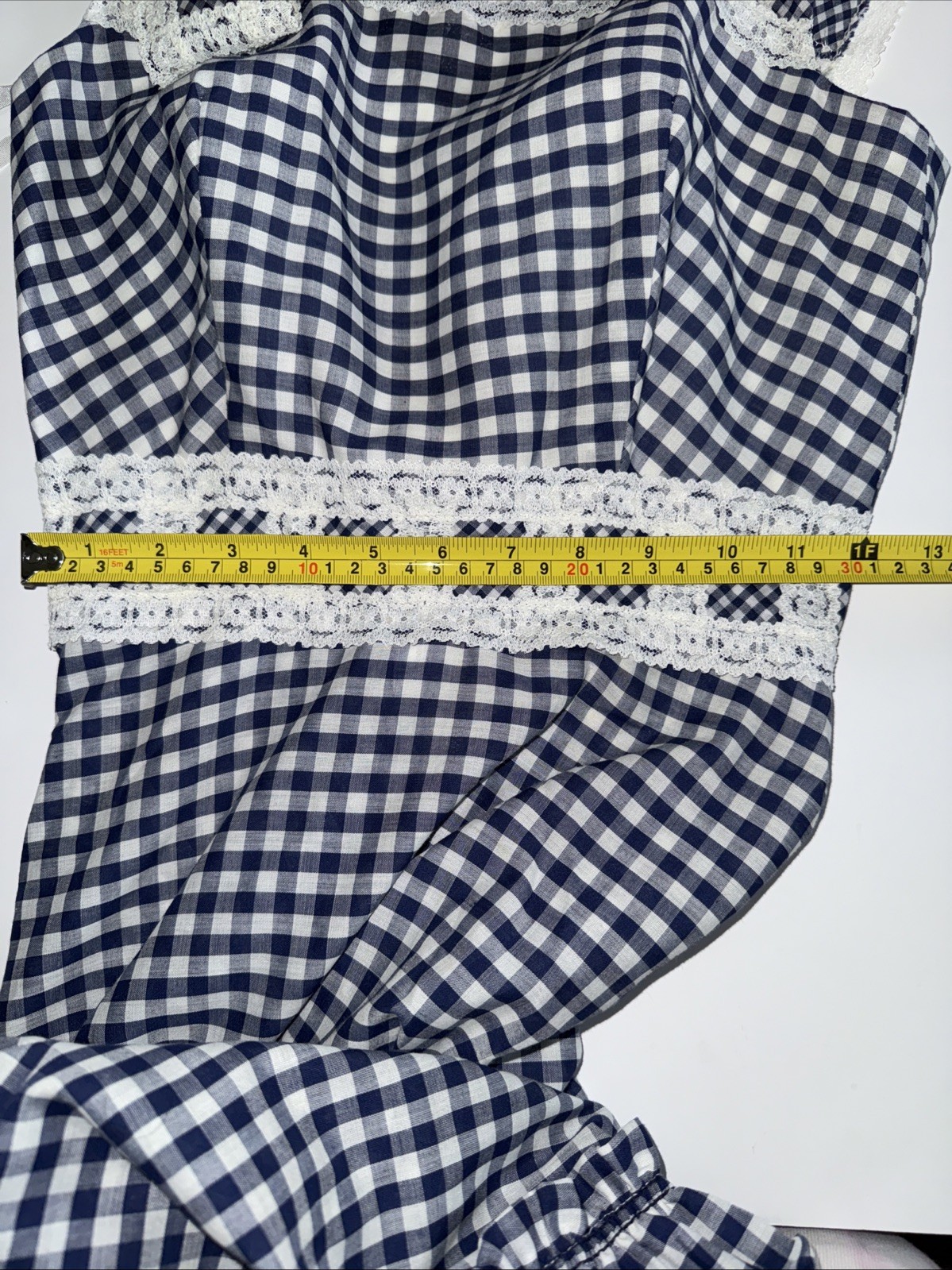 70s VTG Maxi Dress Blue White Gingham Lace Tiered Prairie CottageCore Unique
