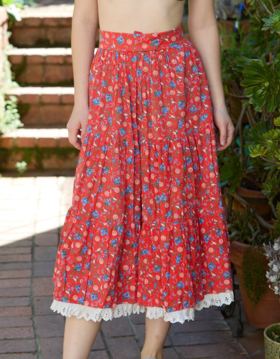 Vintage 60s 70s Handmade S Full Skirt Cottage Country Ruffle 100% Cotton