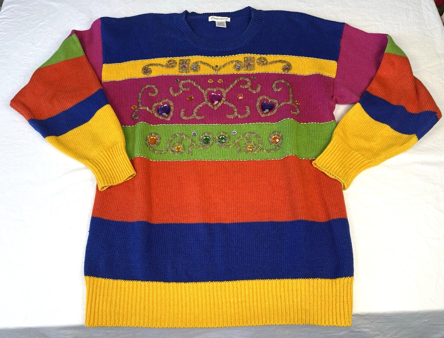 Vintage 80’s Abstract Beaded Rhinestone Stripe Sweater By Eminent Size M Cotton