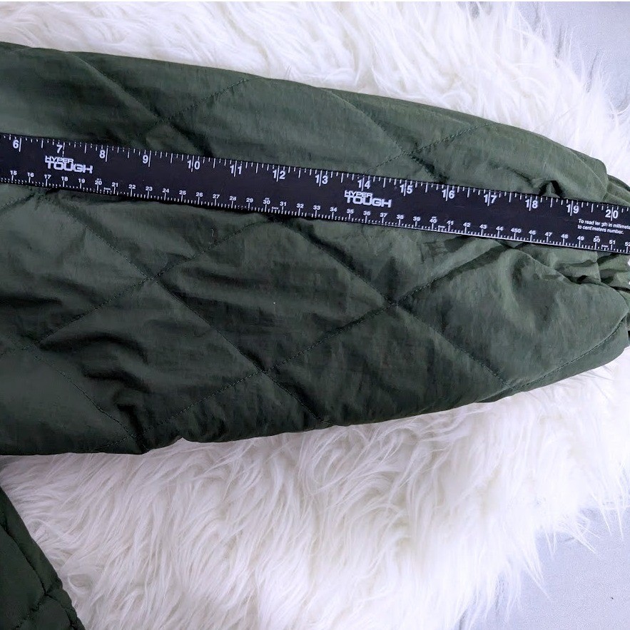 Vintage Olive Green M Quilted Parka Jacket Patterned Collar Drawstring Waist
