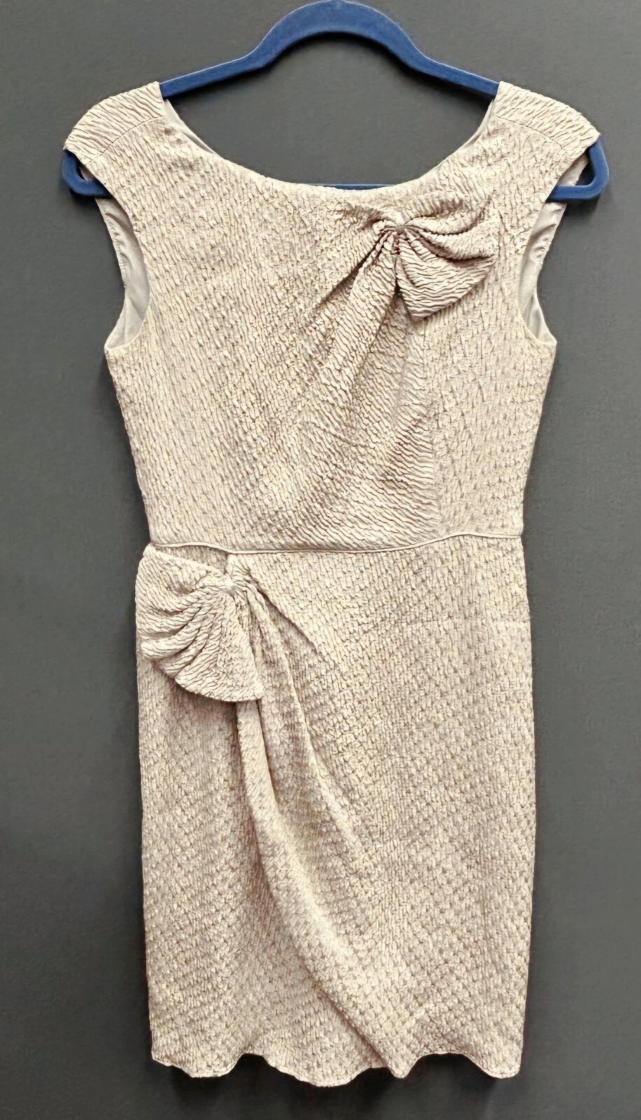Vintage Armani, flocked beige cocktail dress, lined, cotton/silk. Size 4