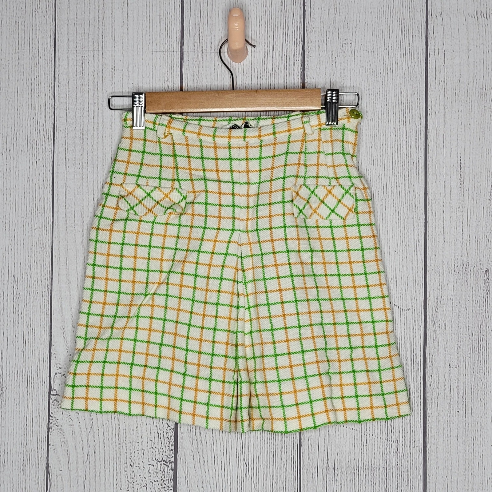 Vintage Green & Yellow Grid Plaid Pleated Mini Skirt, 24″ waist