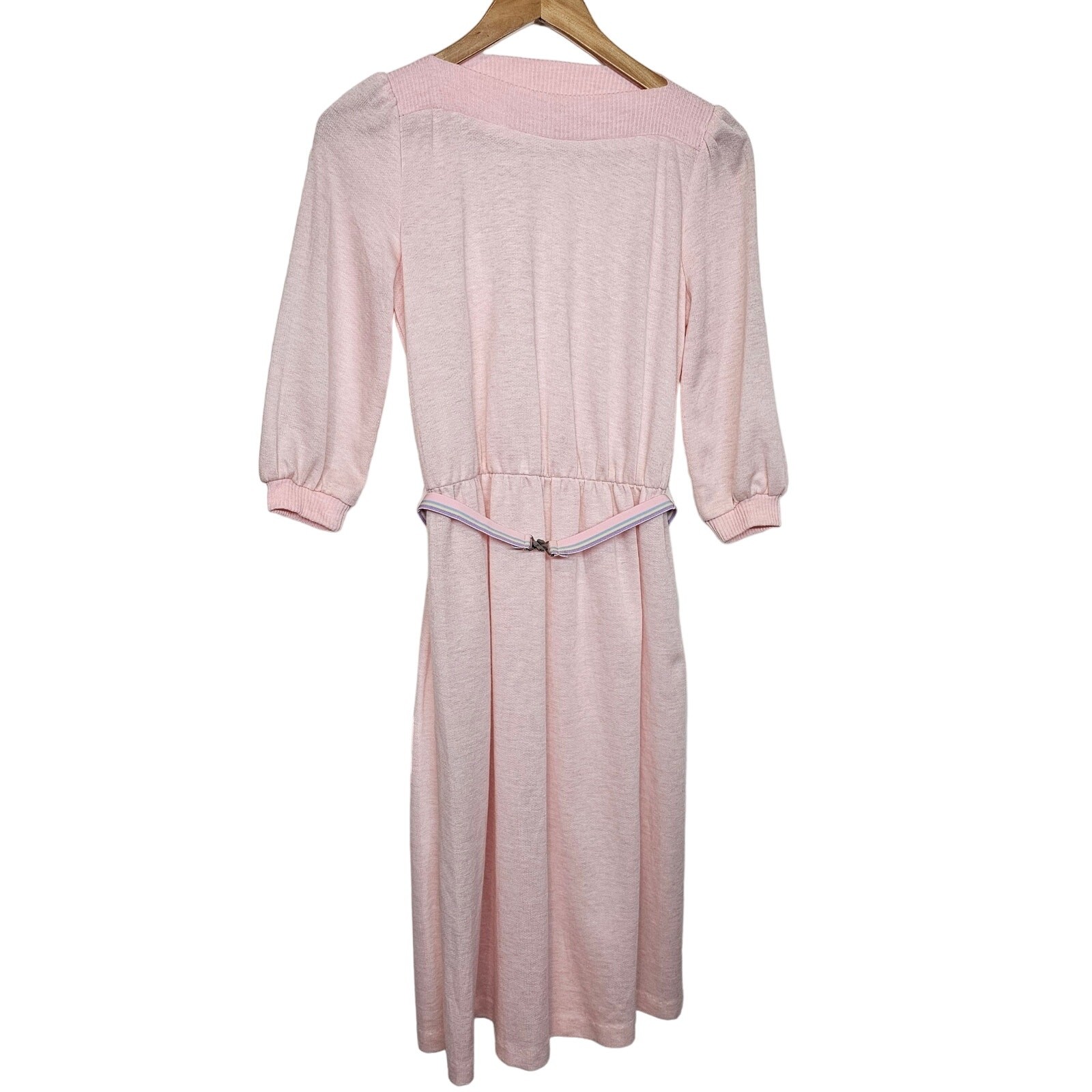 Vintage 80s Dress Size Medium Pink Light Knit Sweater Dress Midi Twee Neutral