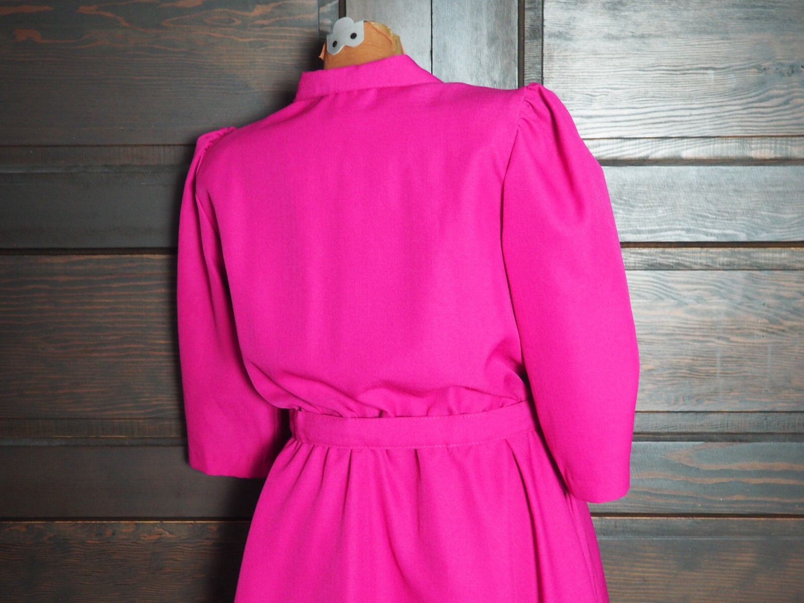 VTG 80s Fuchsia Pink Button Belted Preppy Party Dress Shoulder Pads 3/4 Sleeve M