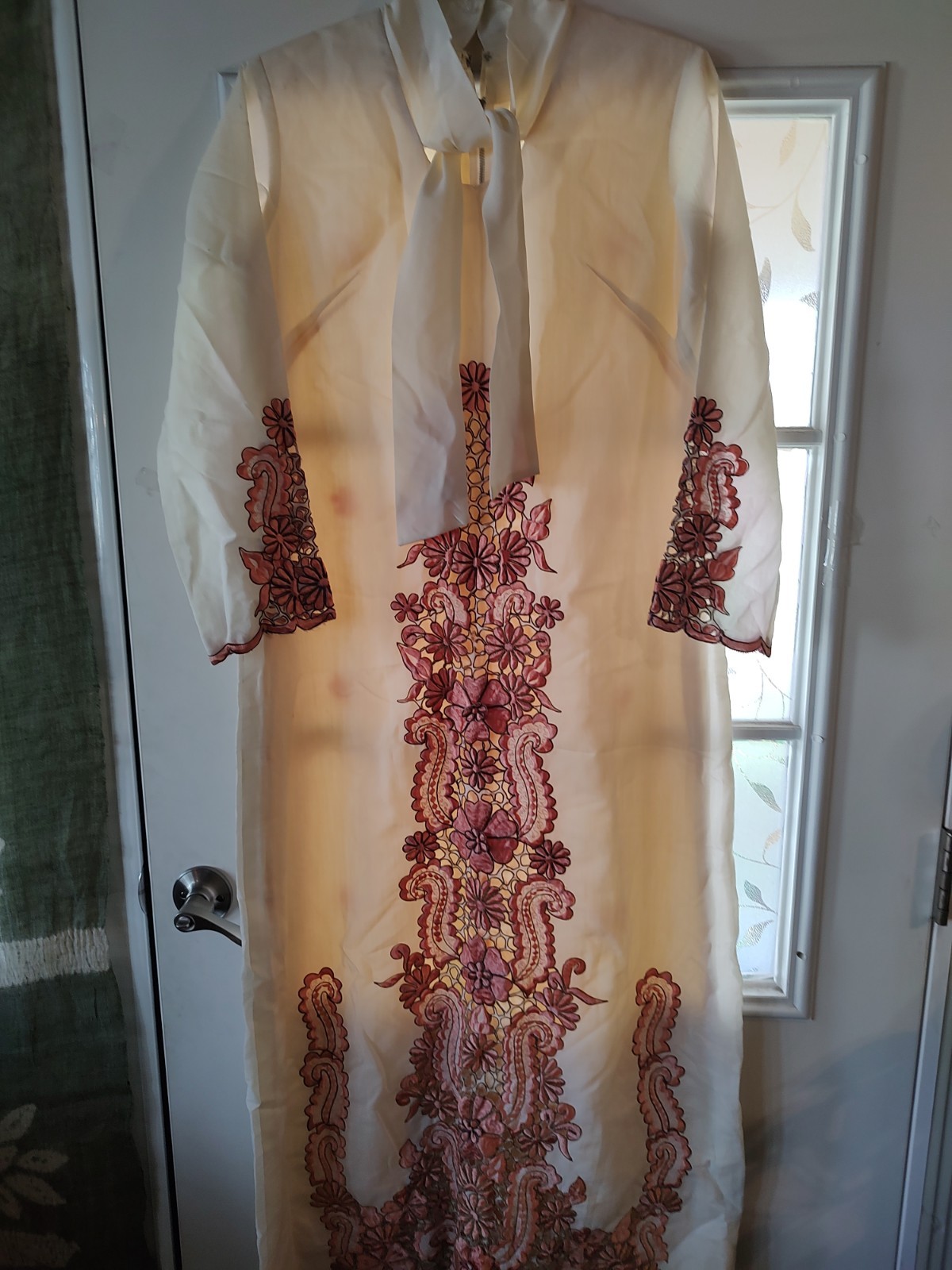 Vintage ethnic Filipino Embroidered Maxi Dress Hippie Boho Tan M/L