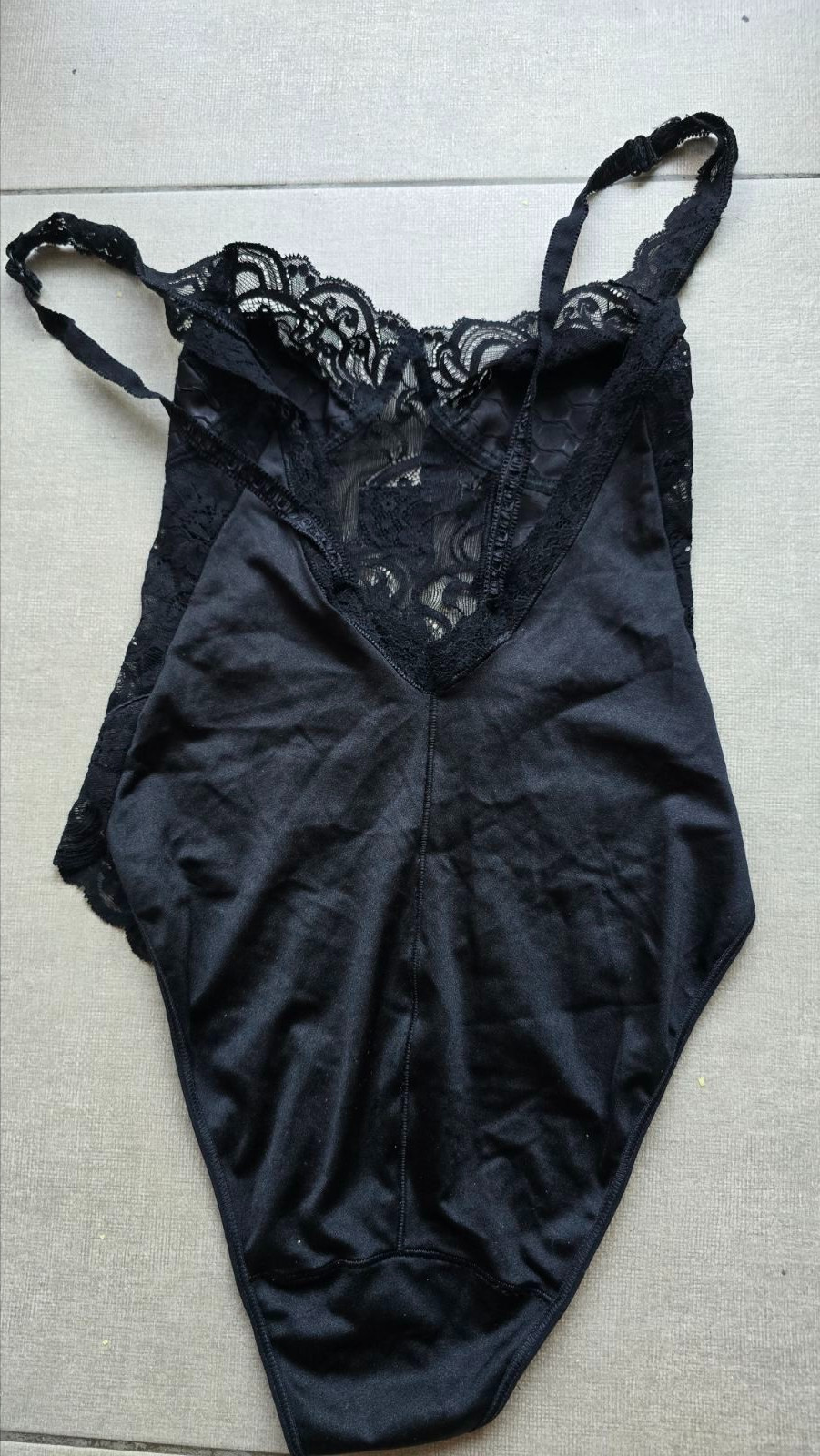 Vintage 80s MISS LEPEL Black Bodysuit Nylon Blend Guipure Inserts. Size 3