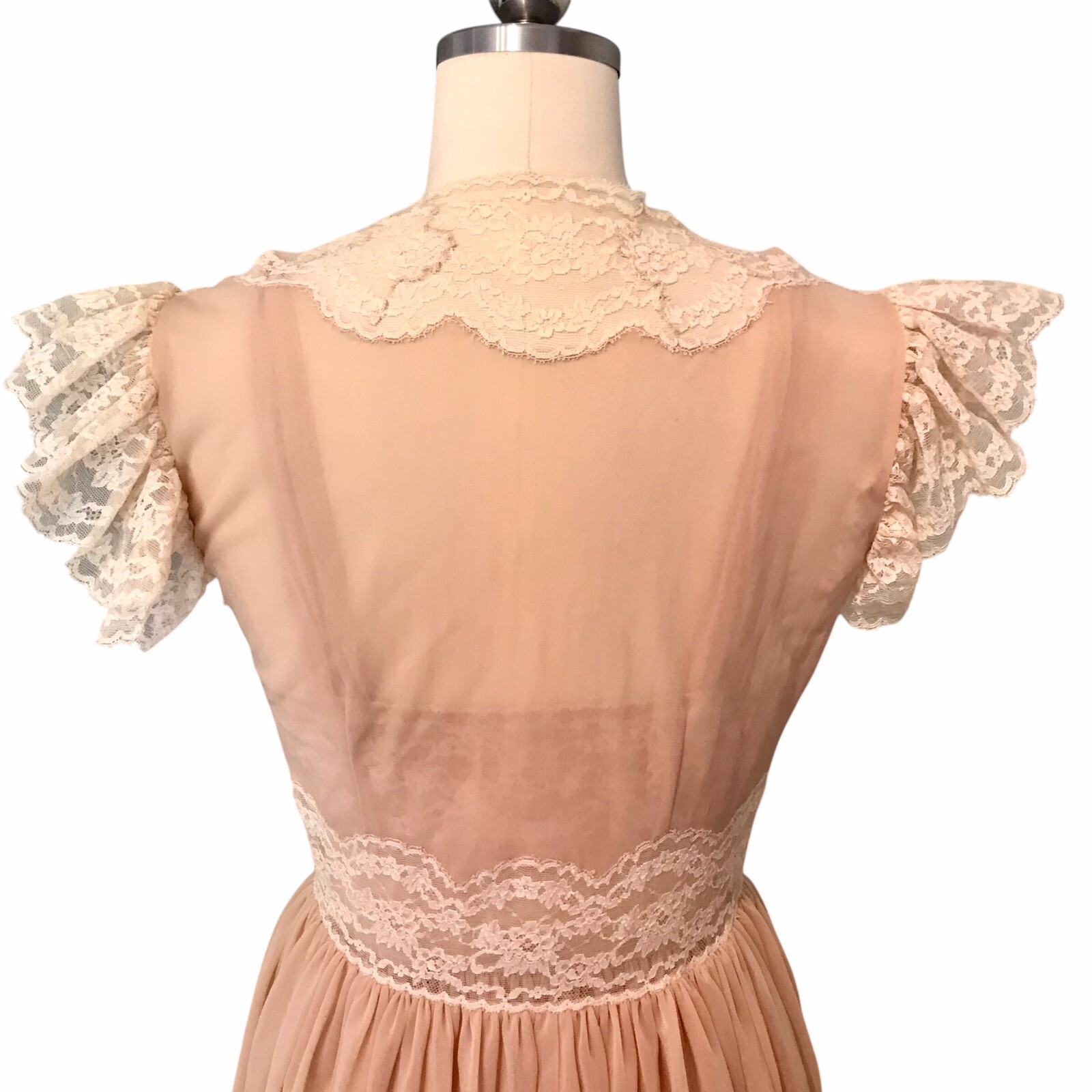 VTG Chiffon Babydoll Peignoir Set Sheer Lace Ruffle Romantic Victorian Women’s S