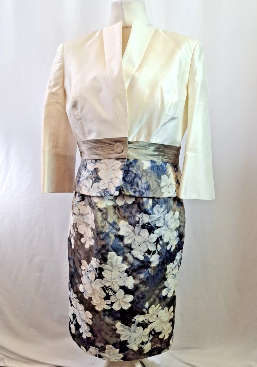 John Charles MOTB Silk Dress & Jacket Suit Grey Blue Ivory Women’s Size 10