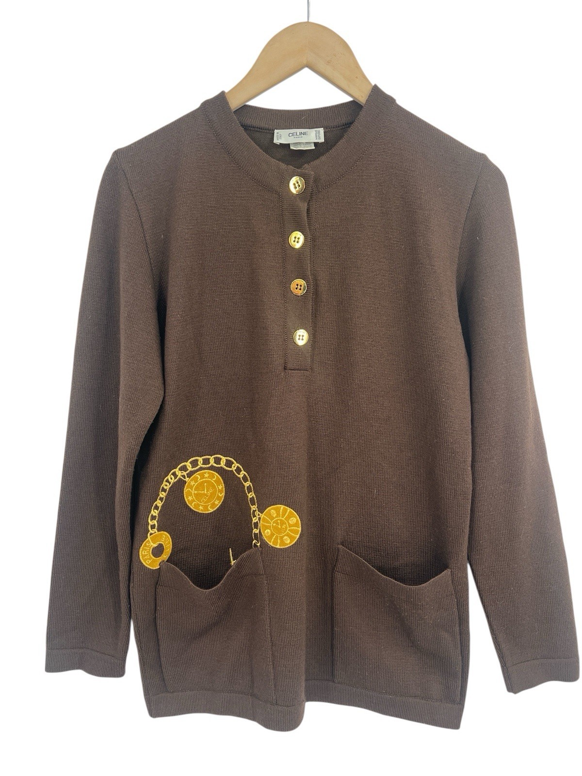 Vintage 70s Celine Brown Wool Sweater Gold Buttons Embroidered Chain 38 Italy