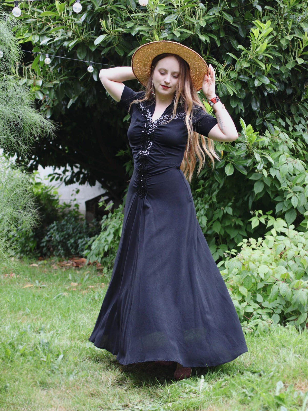 Vintage 1940s Noir Evening Gown Dress Black Crepe with Sequin 36 inch bust