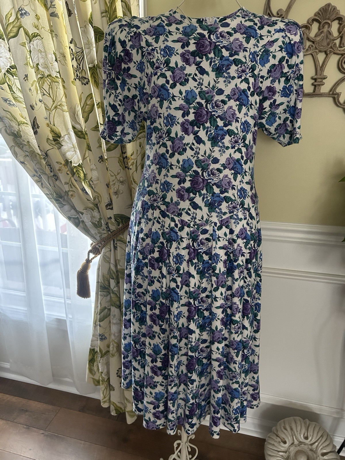 Women’s Vintage 80’s Garden Floral Print Knit Drop Waist Dress Paquette Too 10