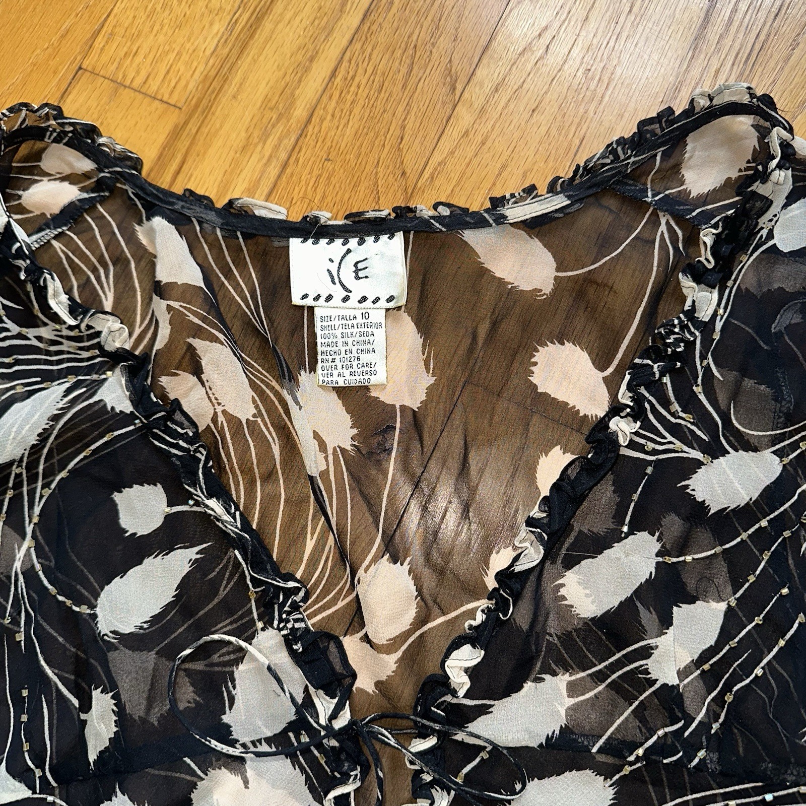 VTG Y2K Beaded Silk 3/4 Sleeve Sheer Top Cardigan Ethereal 90s Grunge Babydoll