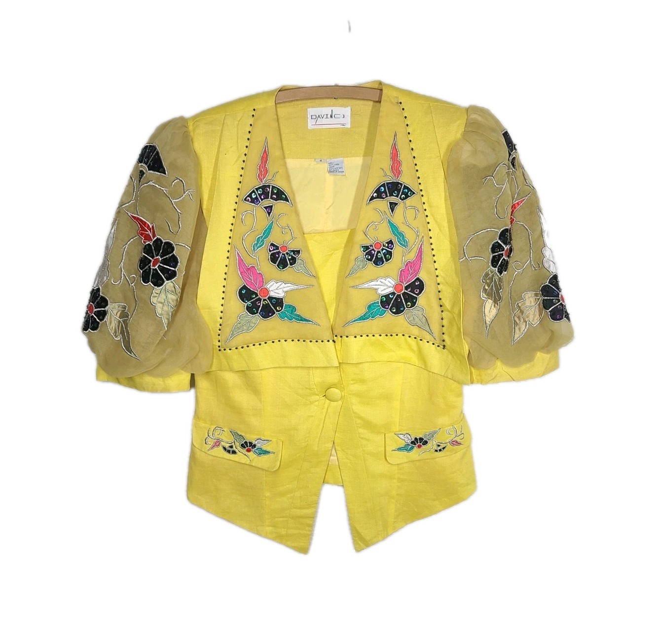 Vintage 1990s Linen Top Embroidered Sheer Sleeves Davinci Acid Yellow 6 Small