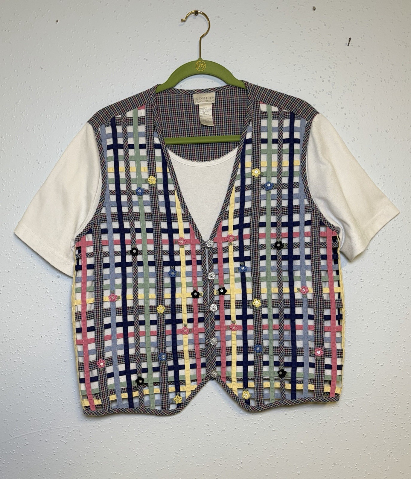 Vtg Koret Francisca Vest Shirt Sz M Woven Latticework Decorative Floral Accents