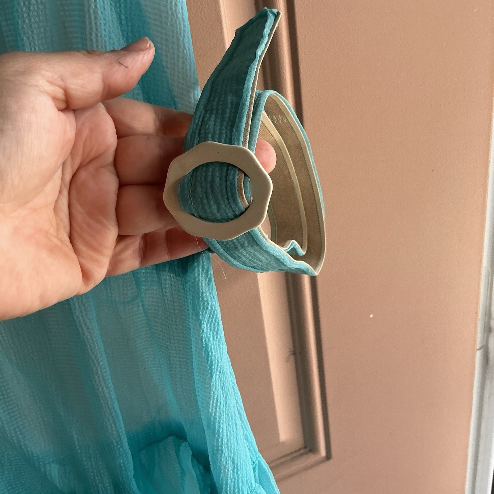 Vintage Handmade Aqua Blue Chiffon Midi Dress Tie Shoulder Belted Boho Women’s M
