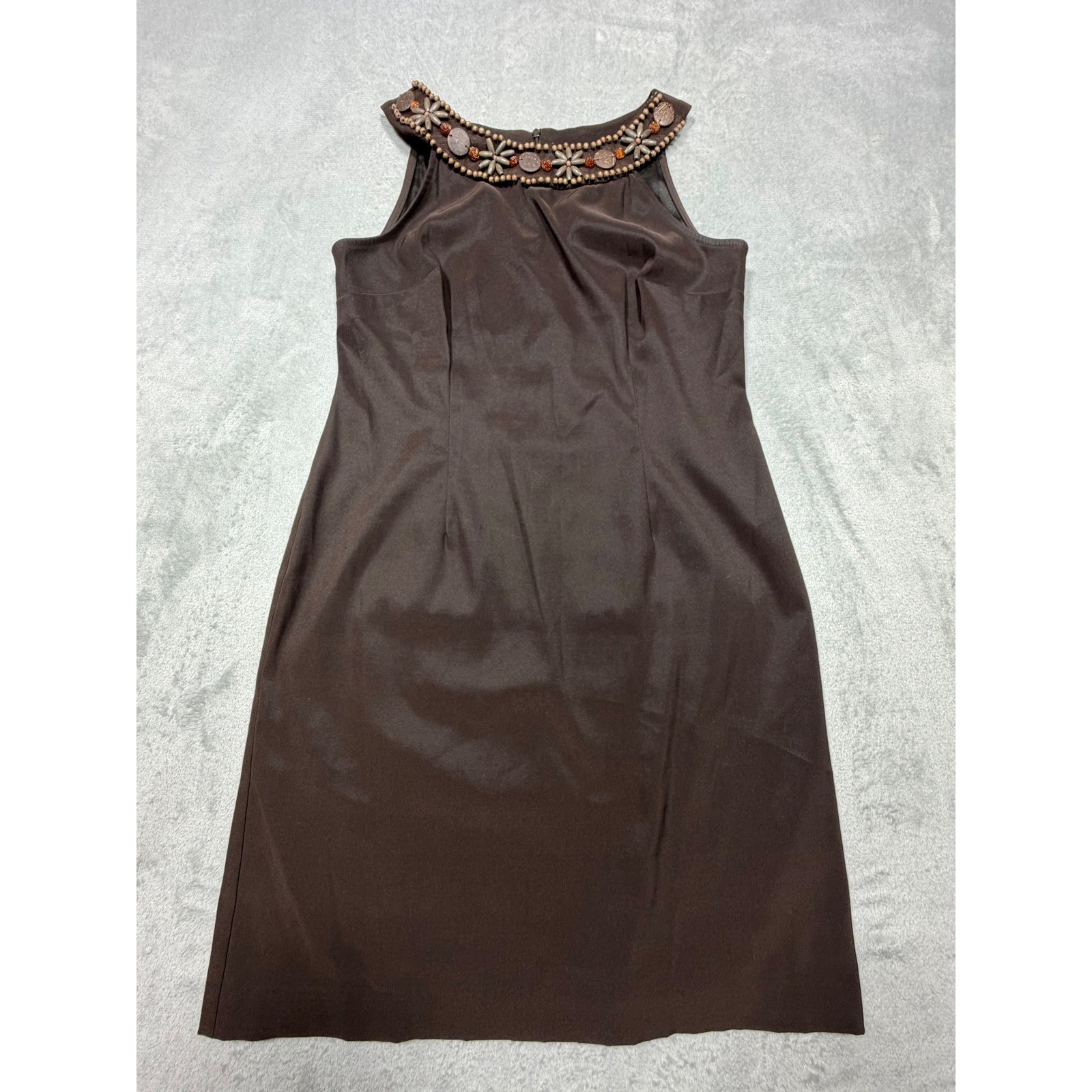 Vintage 90s Brown Beaded Neckline Sheath Dress Size 12 L