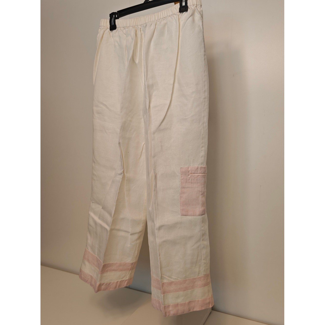 Vintage DKNY Cream Wide Leg 100% Linen Pants Pink Trim XL Elastic Waist Trousers