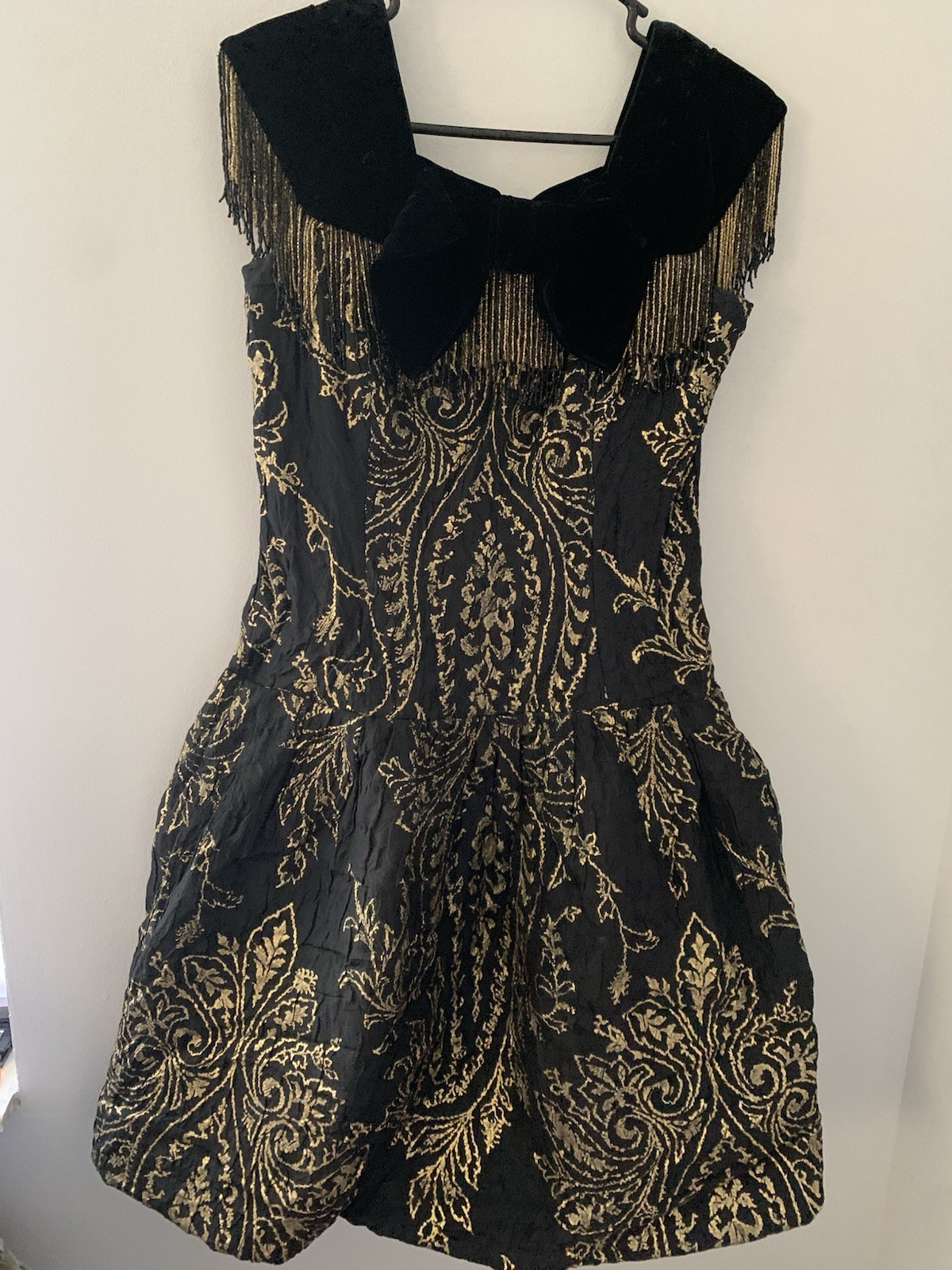 80 Ann Lawrence Vtg Metallic Gold Black Beaded Fringe Dress Whimsy Old Money Y2