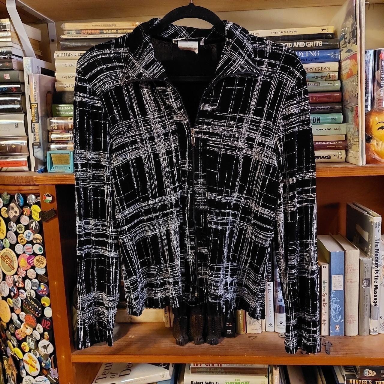 Vintage made in Canada black and silver zip up. It is slightly sheer and stretch